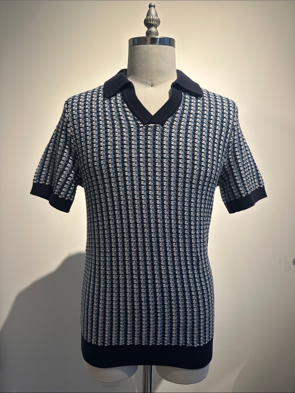 Primark Navy and Light Blue Short-Sleeve Knit Polo